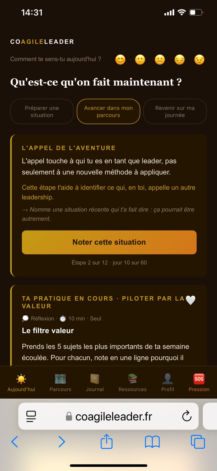 Accueil de l’application : préparer une situation, avancer dans son parcours, revenir sur sa journée